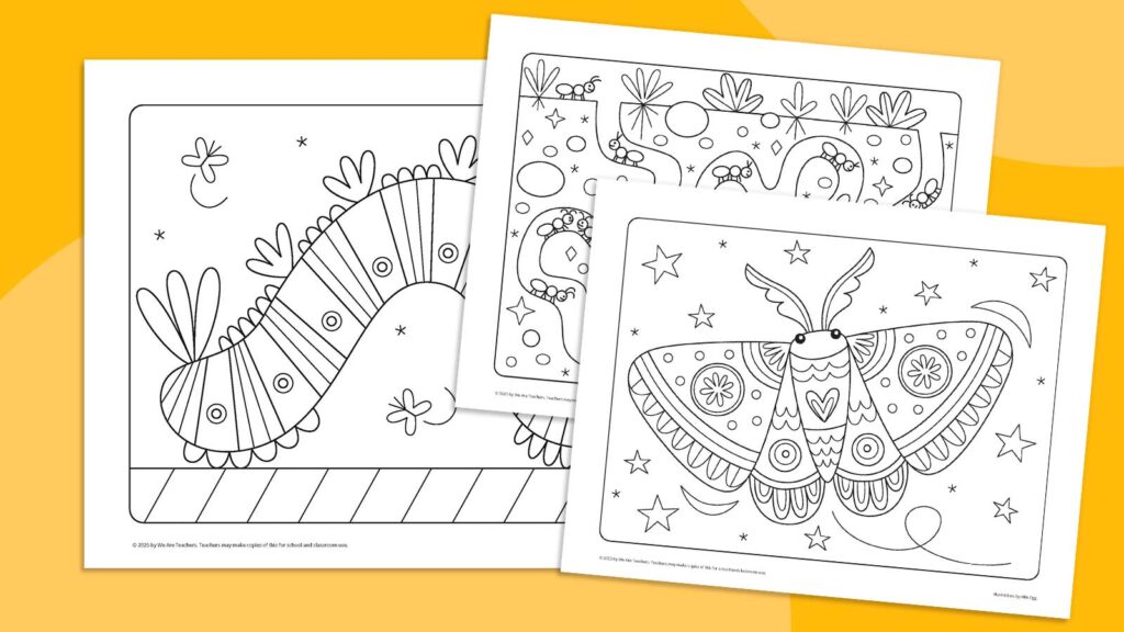 bug coloring pages, moth, ants, and caterpillar