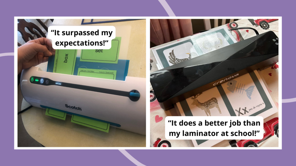 Collage of laminators with quotes from Amazon reviews