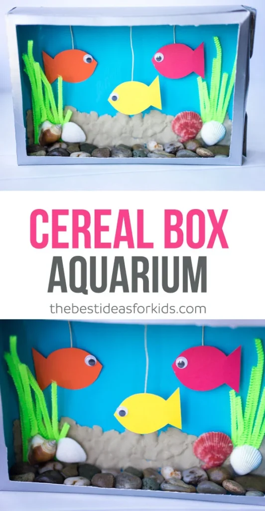 cerealboxaquarium Boxes have been transformed into aquariums. They have stones on the bottom and cardstock fish, etc.