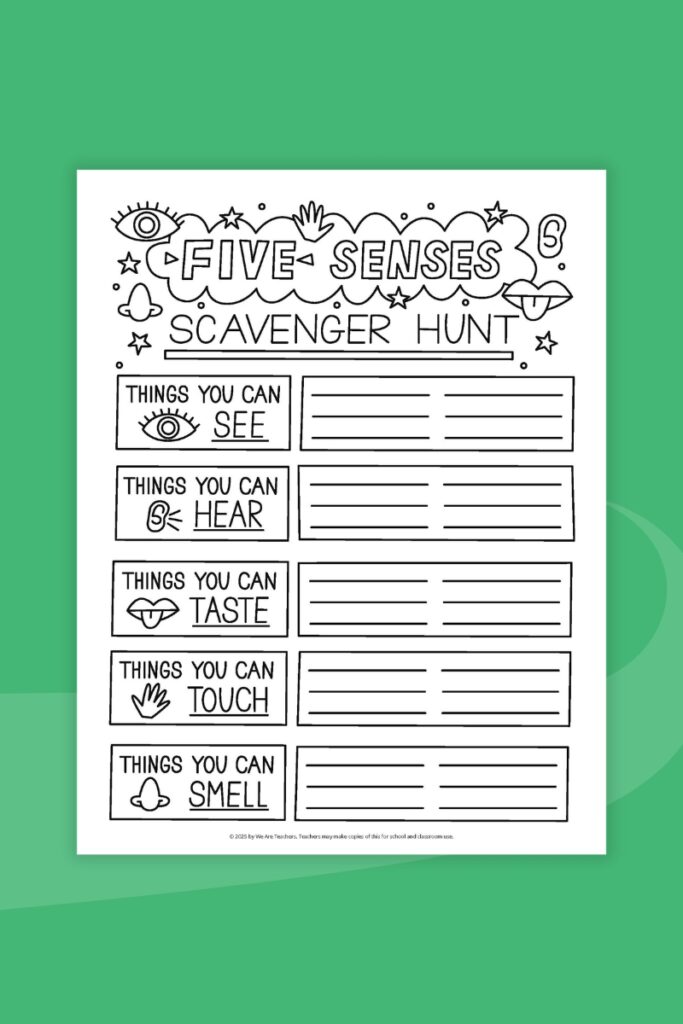 Five Senses Scavenger Hunt printable worksheet