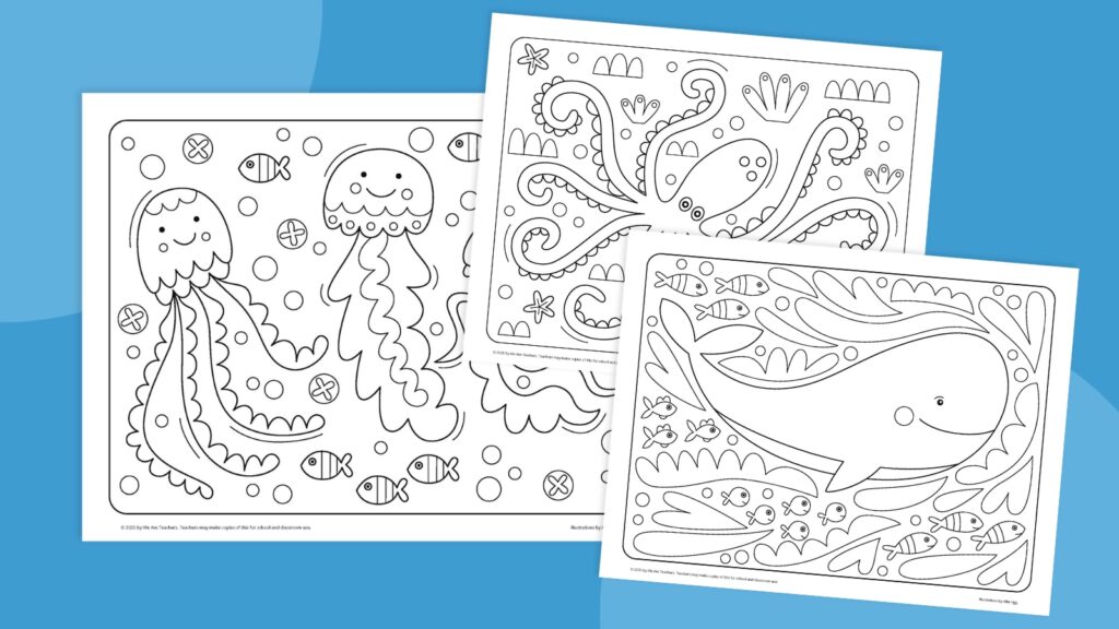 ocean coloring pages with octopus, jellyfish, and whale