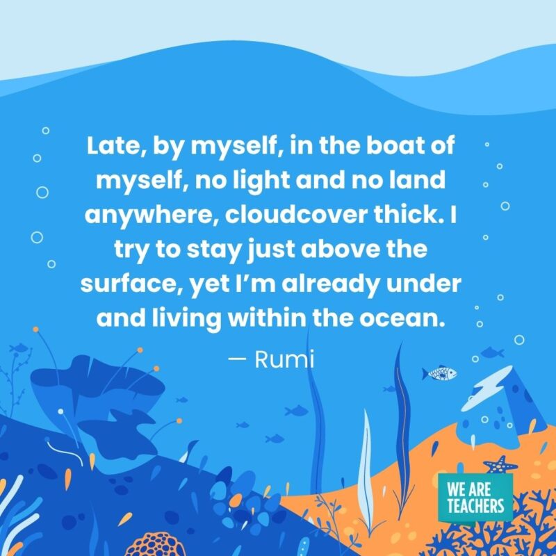 ate, by myself, in the boat of myself, no light and no land anywhere, cloudcover thick. I try to stay just above the surface, yet I’m already under and living within the ocean. — Rumi ate, by myself, in the boat of myself, no light and no land anywhere, cloudcover thick. I try to stay just above the surface, yet I'm already under and living within the ocean. — Rumi