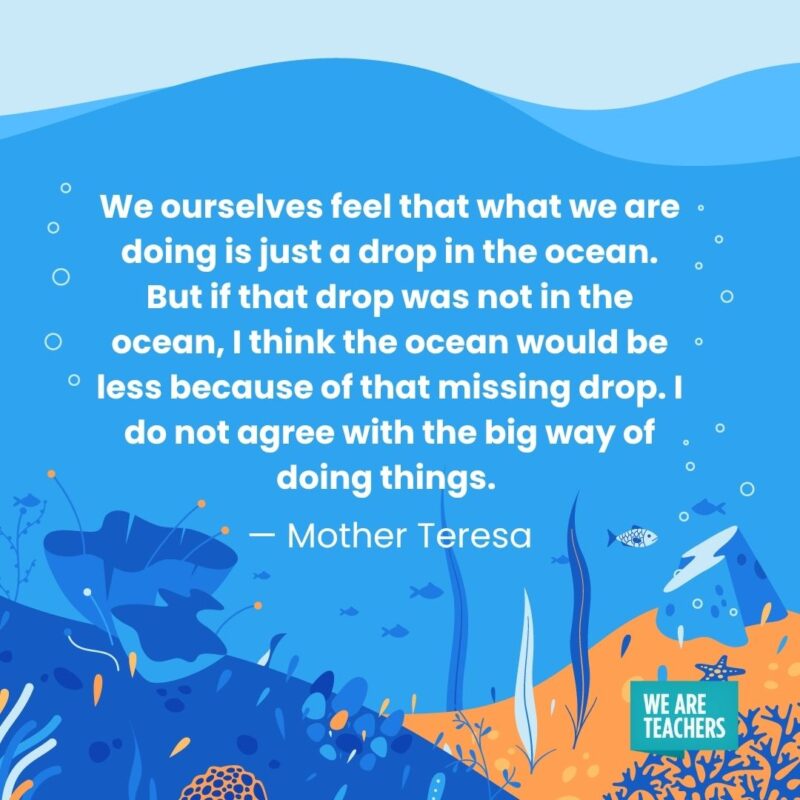 We ourselves feel that what we are doing is just a drop in the ocean. But if that drop was not in the ocean, I think the ocean would be less because of that missing drop. I do not agree with the big way of doing things. — Mother Teresa We ourselves feel that what we are doing is just a drop in the ocean. But if that drop was not in the ocean, I think the ocean would be less because of that missing drop. I do not agree with the big way of doing things. — Mother Teresa