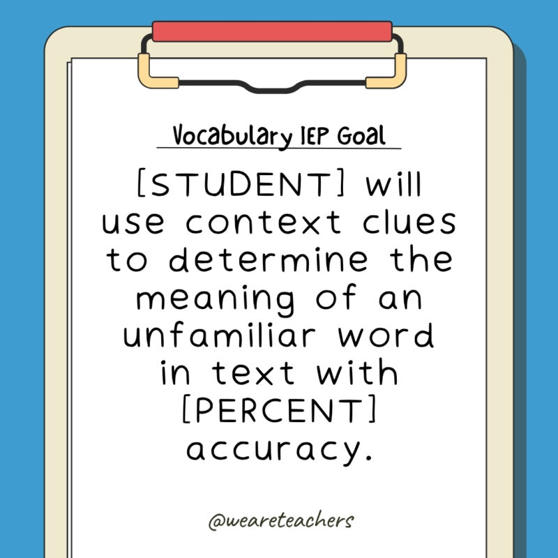[STUDENT] will use context clues to determine the meaning of an unfamiliar word in text with [PERCENT] accuracy.