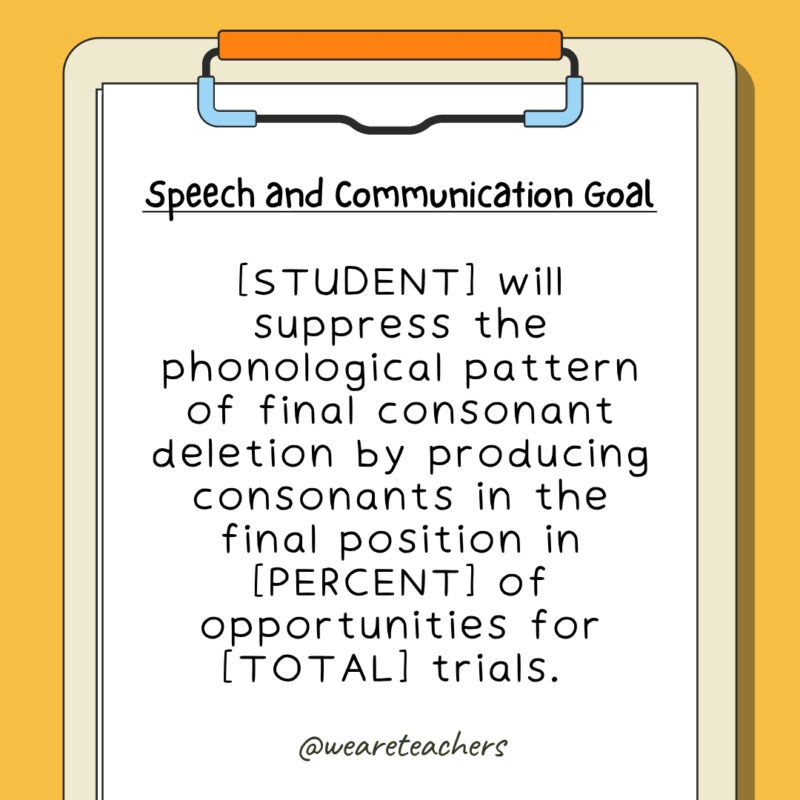 [STUDENT] will suppress the phonological pattern of final consonant deletion by producing consonants in the final position in [PERCENT] of opportunities for [TOTAL] trials. 
