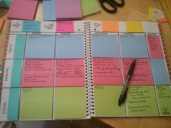 Example of using sticky notes to plan lessons