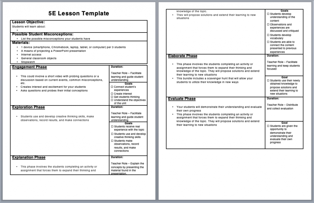 Example of a 5E lesson plan that includes engagement, explanation, exploration, evaluation, and elaboration for lesson planning for science