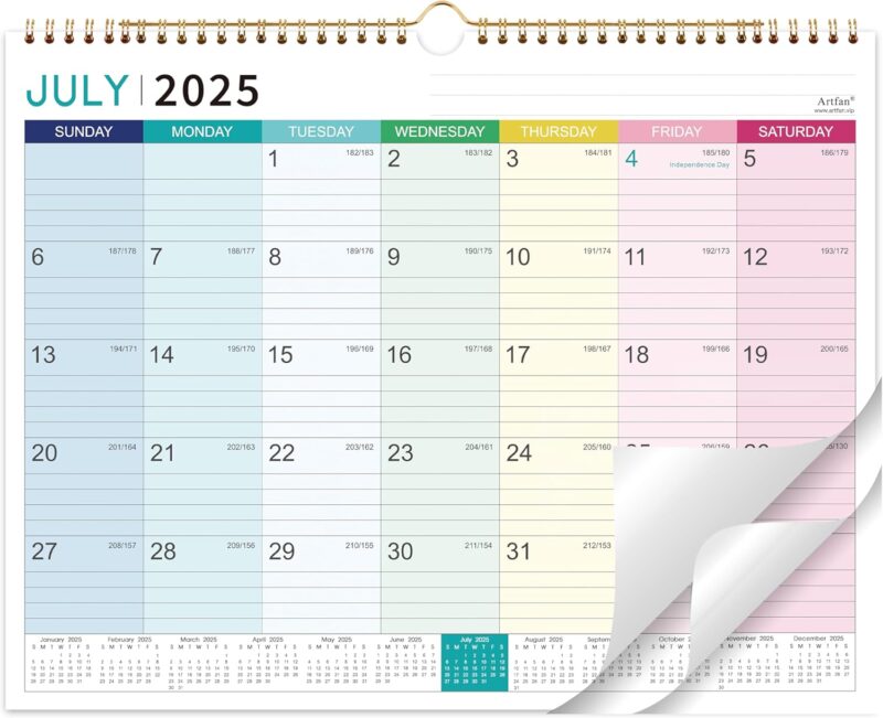 2025-26 Wall Calendar with color coded days of the week