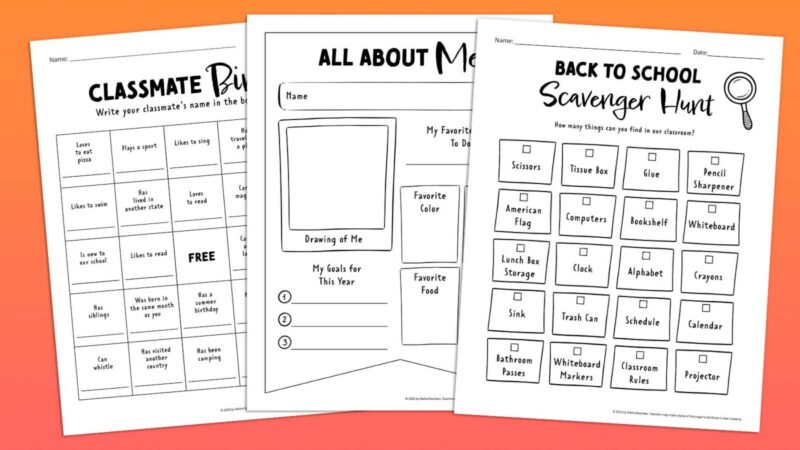 Back-to-School-Printables Three black and white worksheets with instructions for first day of school activities