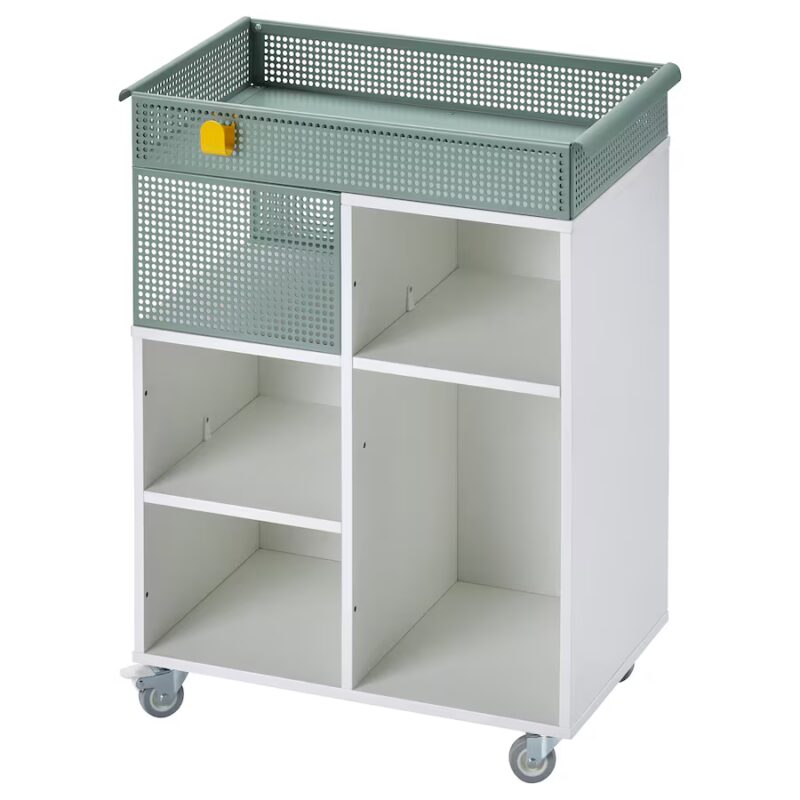 Ikea teacher must haves: white classroom utility cart with a top metal compartment and rounded edges