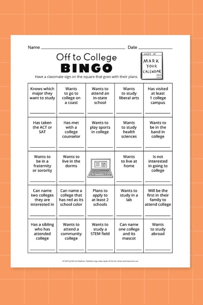 Off to college BINGO bingo card