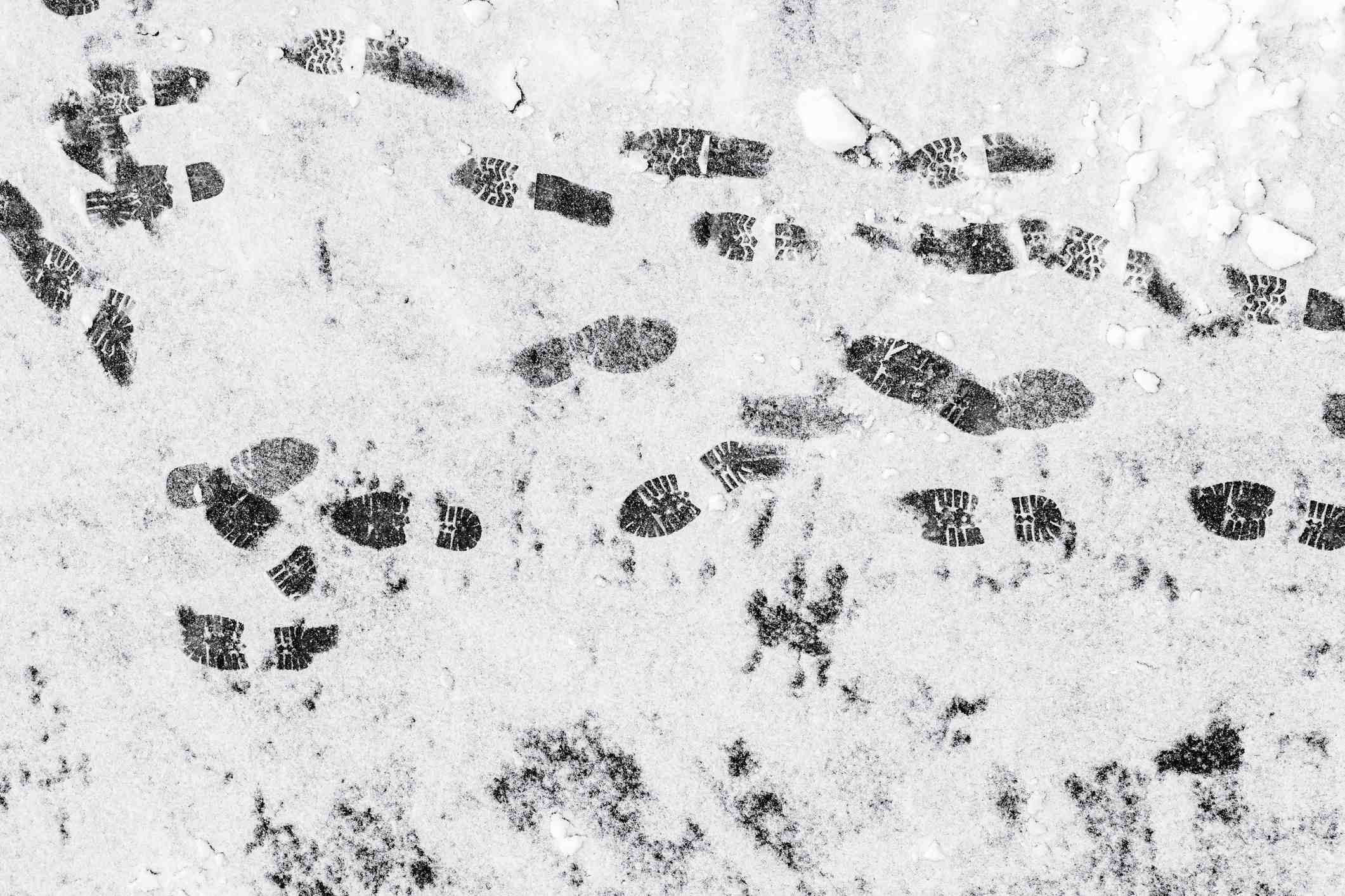 Writing Prompts: Footprints in the Snow Black footprints over the snow on a gray asphalt road