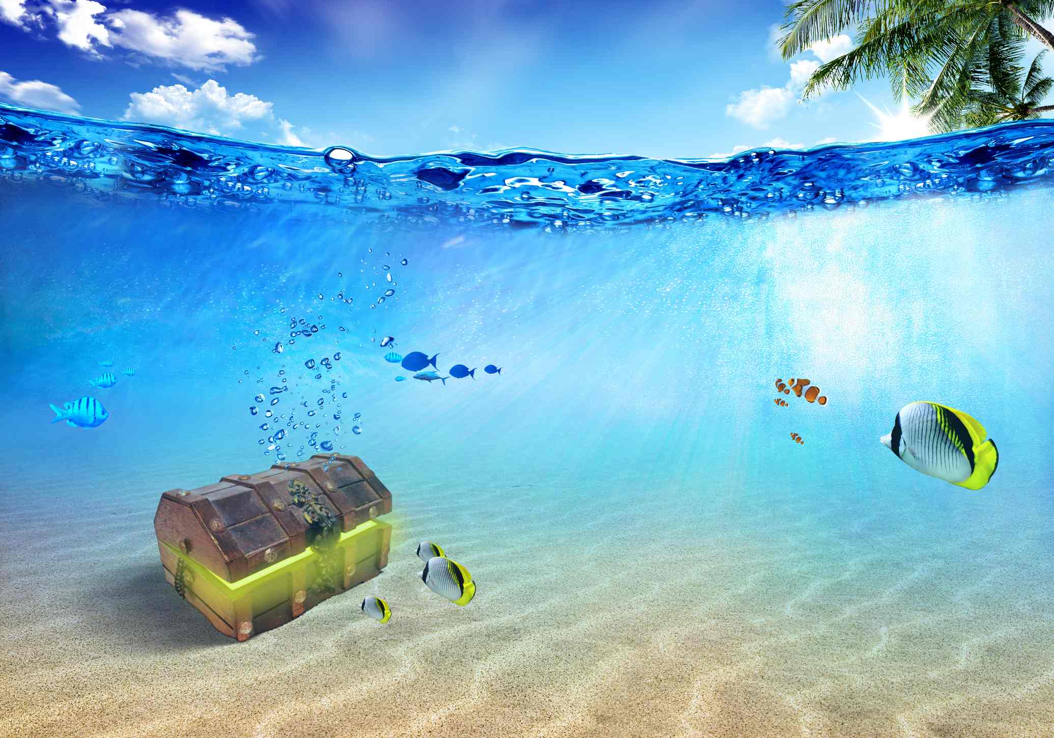 Picture Writing Prompts: Treasure Chest Underwater scene with treasure near tropical island