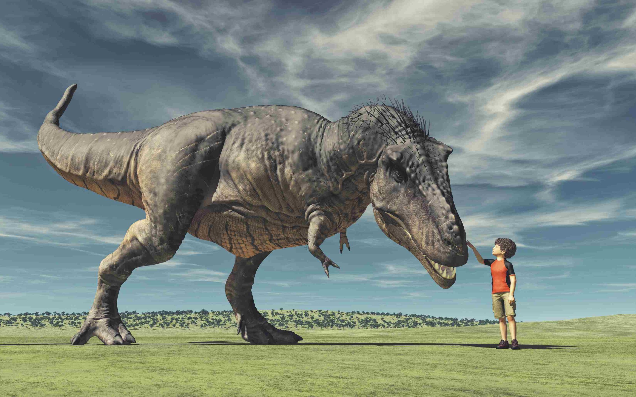 Picture Writing Prompt: Boy and Dinosaur A boy and a big dinosaur. Conceptual image. This is a 3d render illustration.