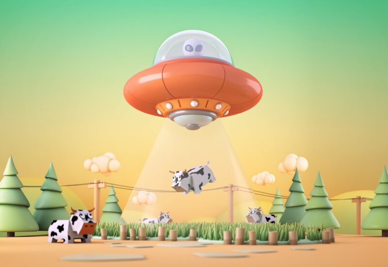 Picture Prompts: UFO Cow UFO flying with alien and abduct a cow.3d rendering