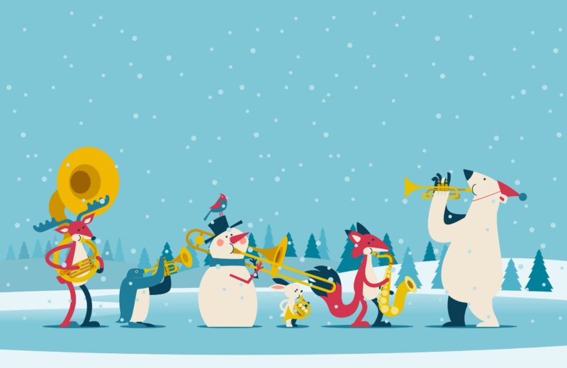 Writing Prompts: Animal Marching Band Cartoon animals and a snowman marching as a band in a parade
