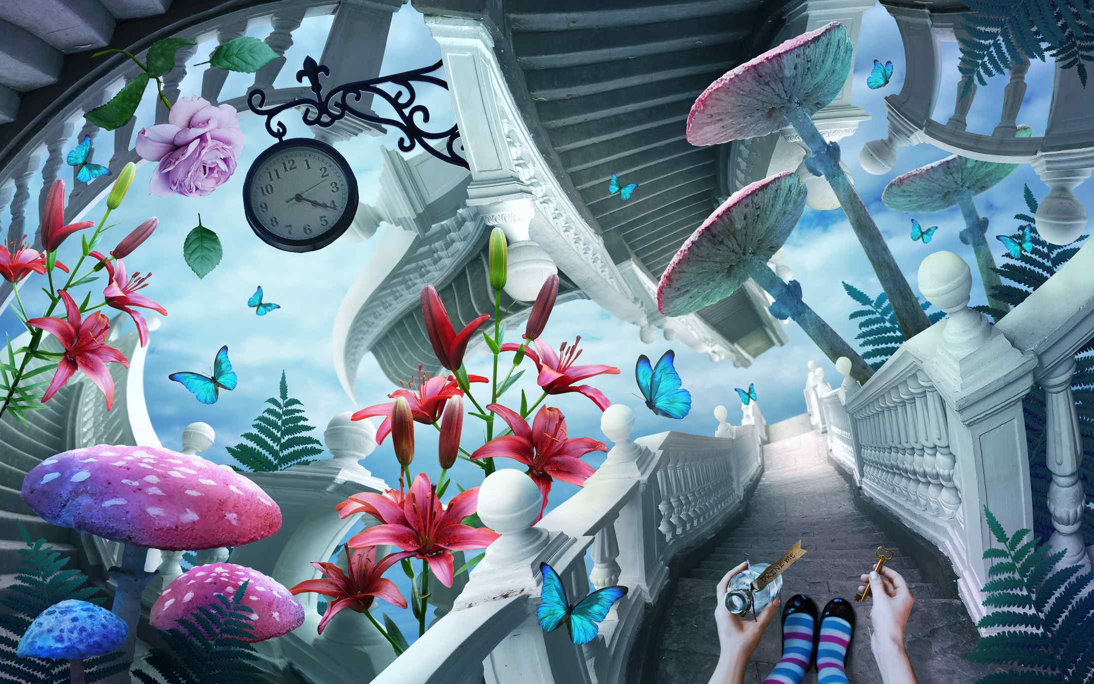 Picture Writing Prompts: Magic Land A fantastic landscape with surreal ladders , clock, magic mushrooms. Blue butterflies fly over beautiful flowers. The hands hold the potion and the key.