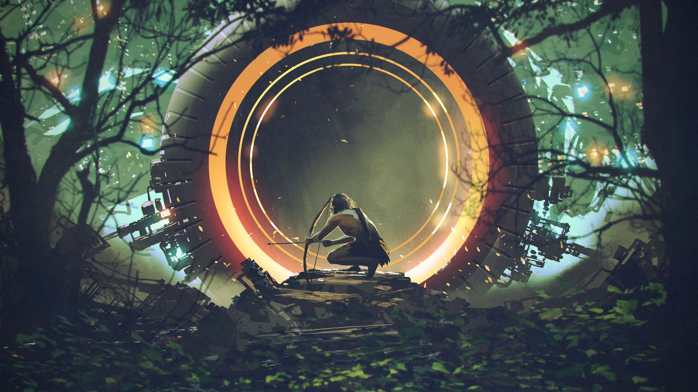 Picture Prompt: Space Eye Primitive man looking at the futuristic machine in the deep forest,