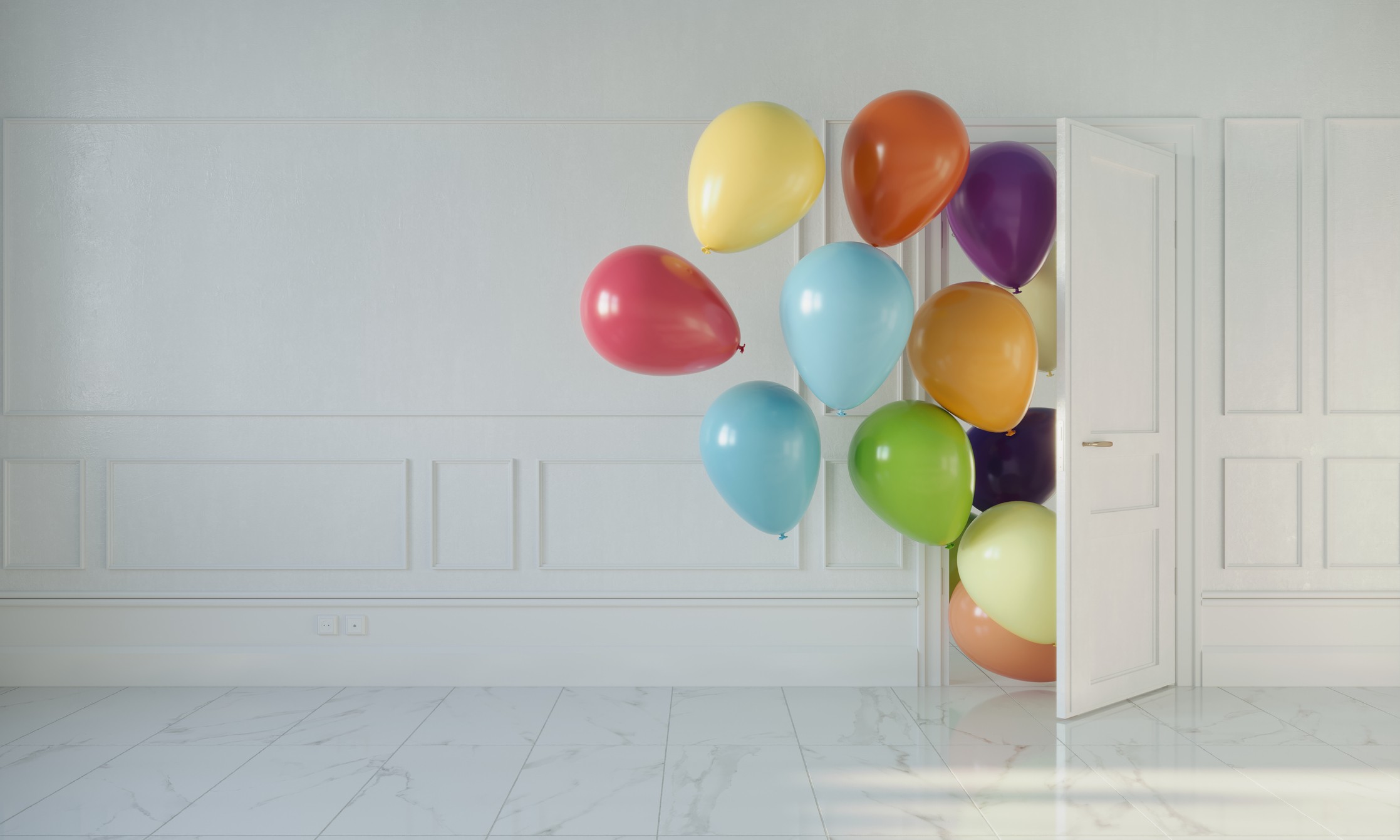 Writing Prompts: Balloons Room with opening door and multi colored balloons entering.