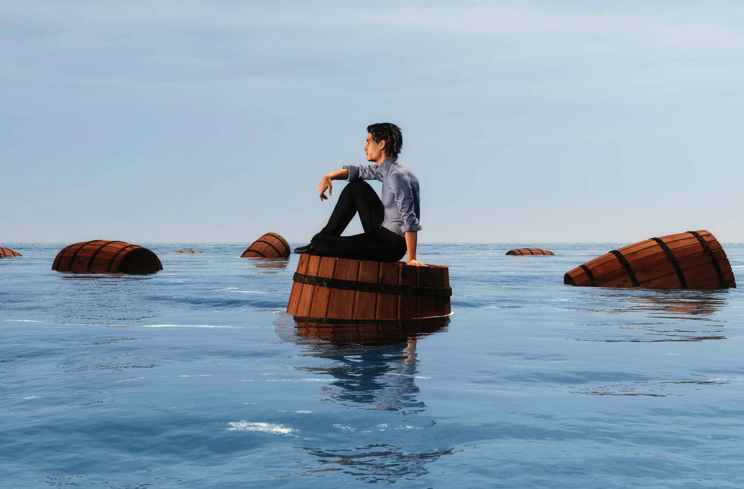Picture Writing Prompts: Barrel Ride Man on wood barrel floating in the sea.