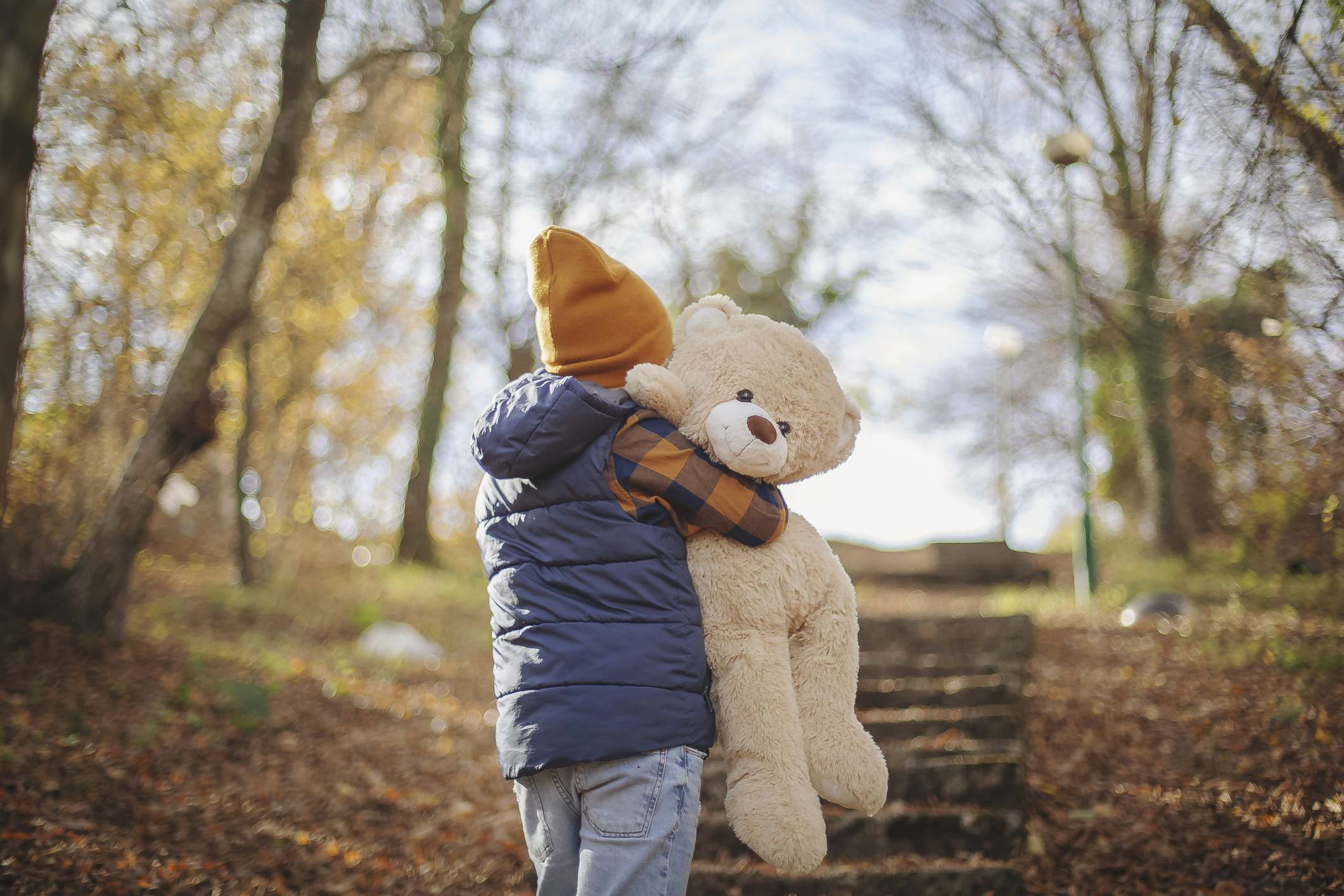Autumn day in the nature Boy enjoying day in the nature with his teddy bear