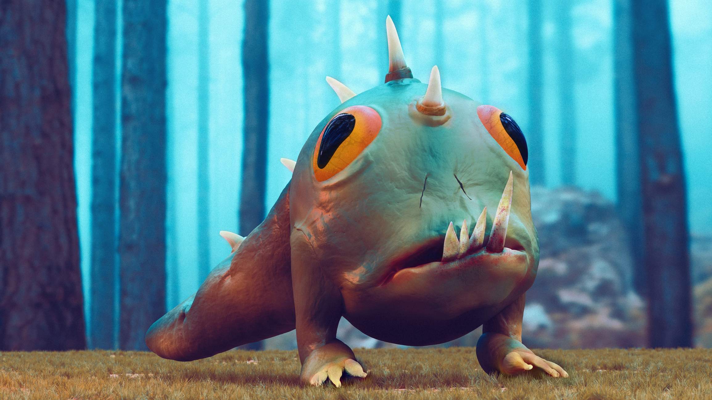 Picture Writing Prompts: Creature 3D render of a strange and ugly creature with large and sharp teeth standing still in a forest. The creature has big eyes and does not look friendly.