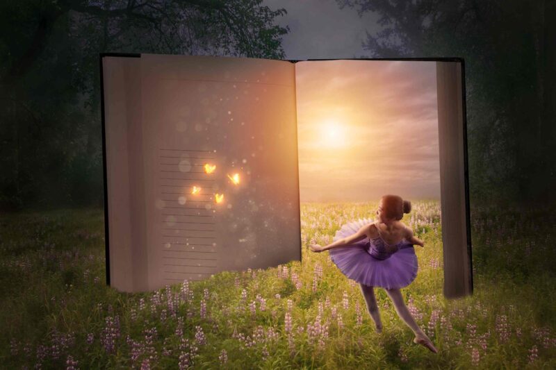 Picture Writing Prompts: Dream Book Story book opens up to a dancing ballerina in a fantasy forest setting with glowing butterflies and fairy tale meadow.