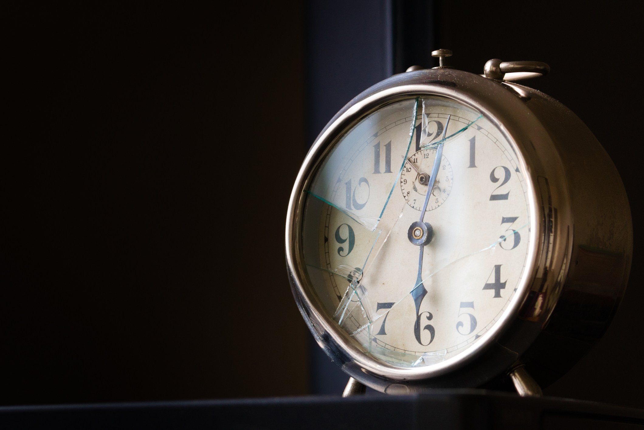 Picture Prompts: Broken Clock Old, broken mechanical alarm clock. Close up shot with negative space.