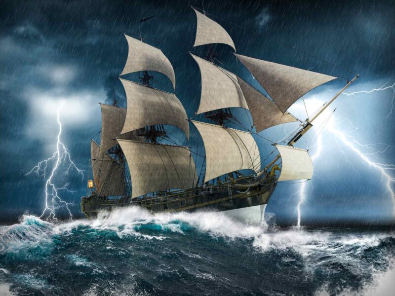 Picture Writing Prompts: Stormy Seas Ocean sailing ship in distress, struggling to stay afloat, in a heavy storm with big waves and lightning, 3d render painting