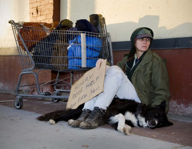 Picture Writing Prompt: Unhoused Woman An unhoused woman sitting on a sidewalk with her dog.