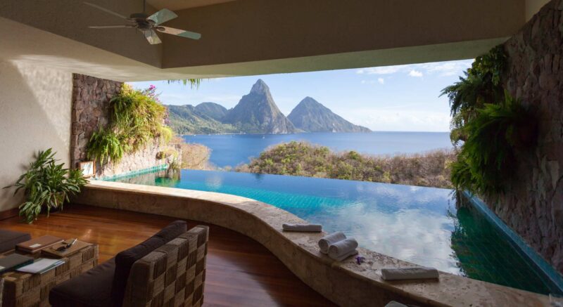 Picture Prompts: Serenity Now The World Heritage Petit Piton framed by beautiful infinity-pool. View from the famous resort Jade Mountain.