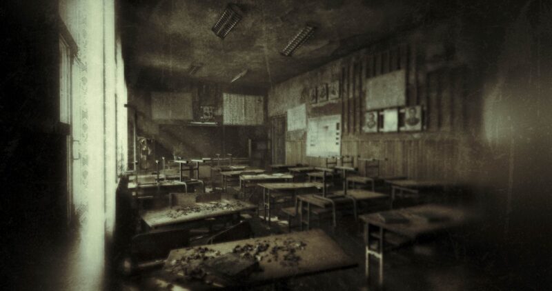 Picture Prompts: Abandoned Room Digitally rendered empty, dilapidated classroom with scattered debris on desks, conveying eerie abandonment and decay. The walls exhibit faded educational posters, and the atmosphere suggests desolation. Soft lighting spills through curtained windows,.