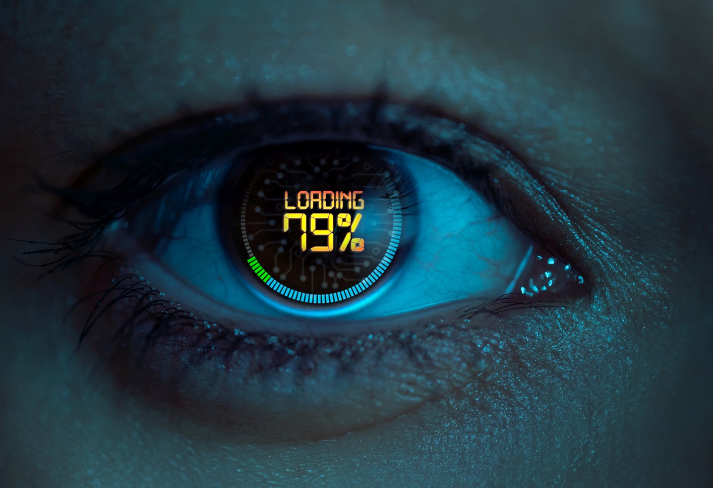 Prompt: Cyber Eye Closeup of human eye with digital readout saying LOADING 79%