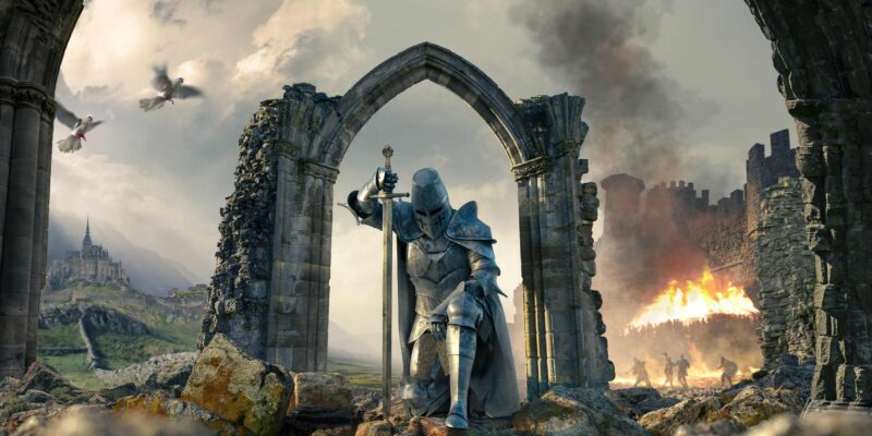 Picture Writing Prompts: Knight A medieval knight in full armour kneeling on one knee and one hand on a sword with head bowed under a ruin of a stone arch between a castle on fire in conflict on one side, and distant castle in peace on the other.