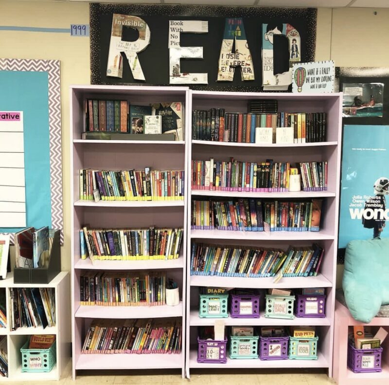 bookshelf R E A D letters decorated in book covers above a book shelf
