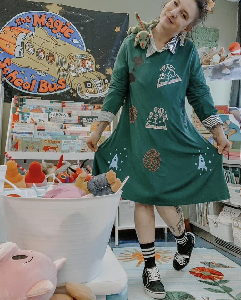 Teacher dressed as the character Ms. Frizzle for Halloween