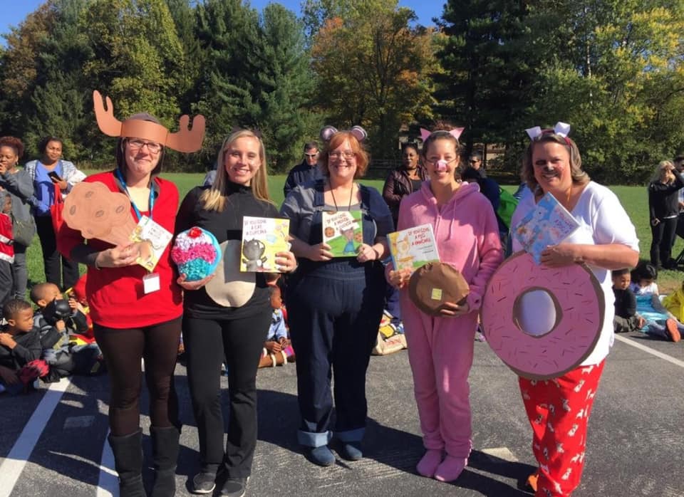A group of teachers dressed as characters from Laura Numeroff books