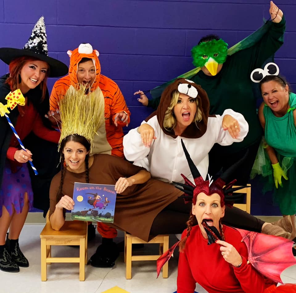 Teachers dressed as characters from the book Room on the Broom