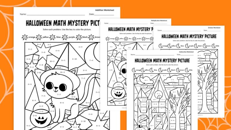 Flat lay of Halloween Math Mystery Pictures