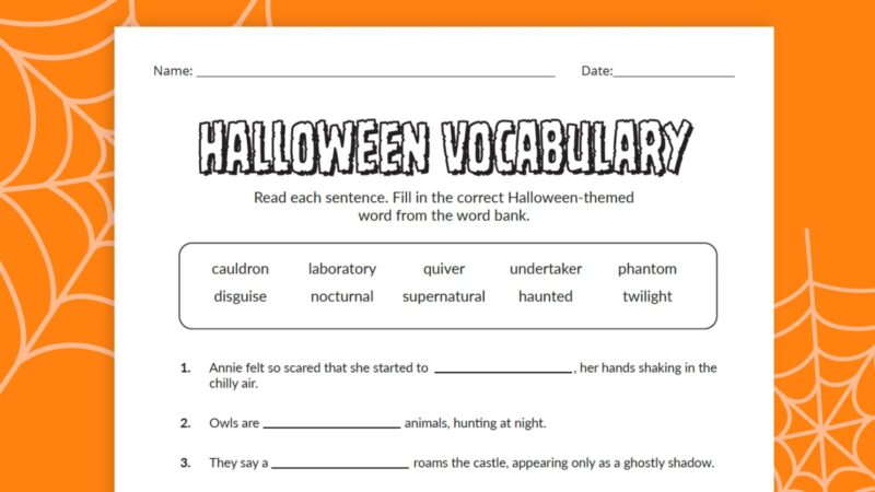 Flat lay of Halloween vocabulary