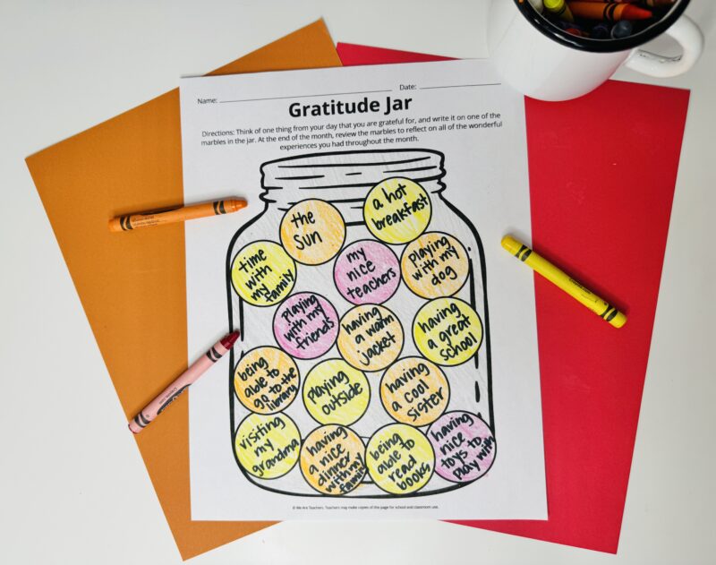Gratitude Jar Printable gratitude jar activity colored in with crayons.