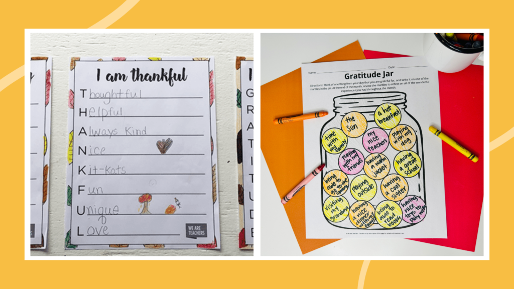 Examples of gratitude activities including a thankful acrostic printable and a printable gratitude jar activity.