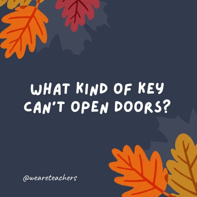 What kind of key can’t open doors? A tur-key. What kind of key can't open doors? A tur-key.