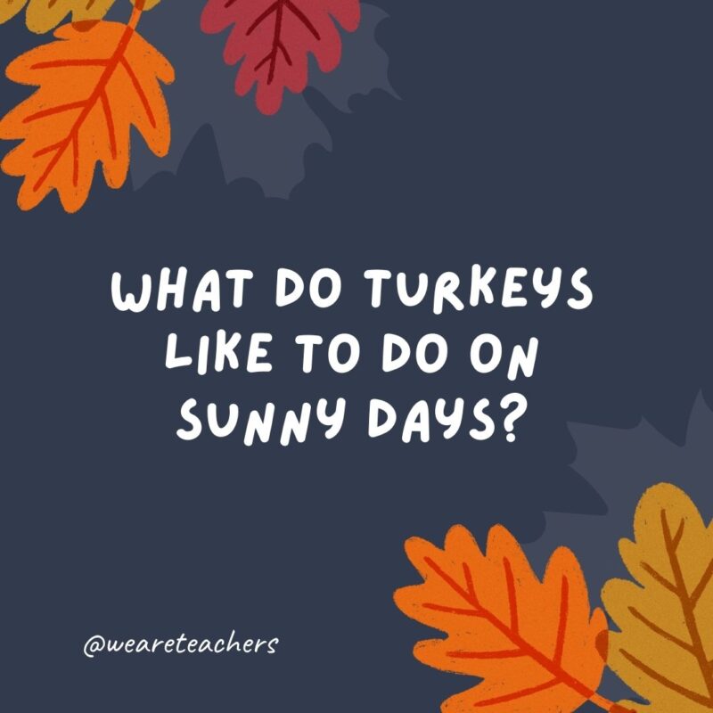 What do turkeys like to do on sunny days? Have peck-nics!- thanksgiving jokes for kids What do turkeys like to do on sunny days? Have peck-nics!- thanksgiving jokes for kids