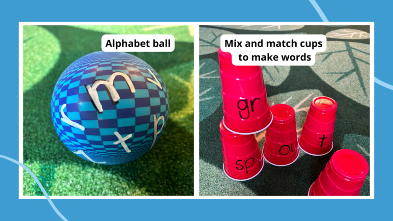 Phonics activities including a ball game and cup activity.