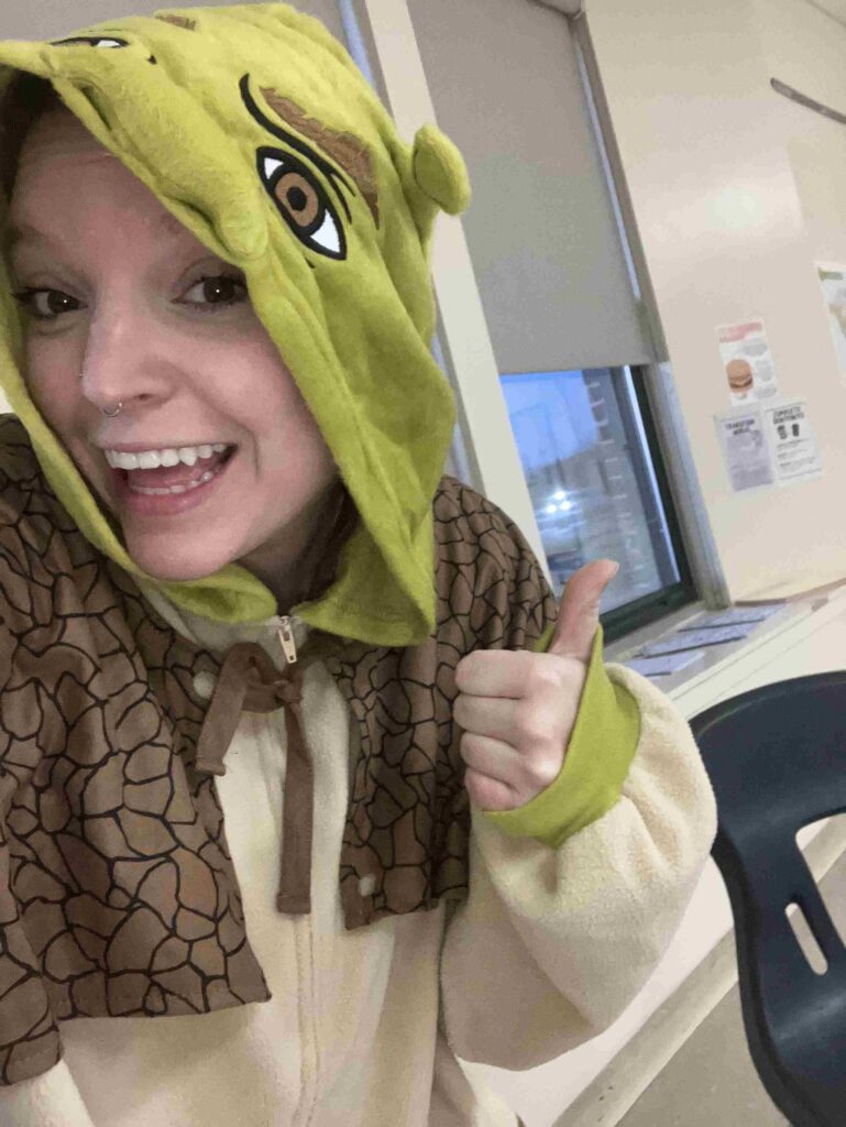 Teacher dressed as Shrek for Halloween