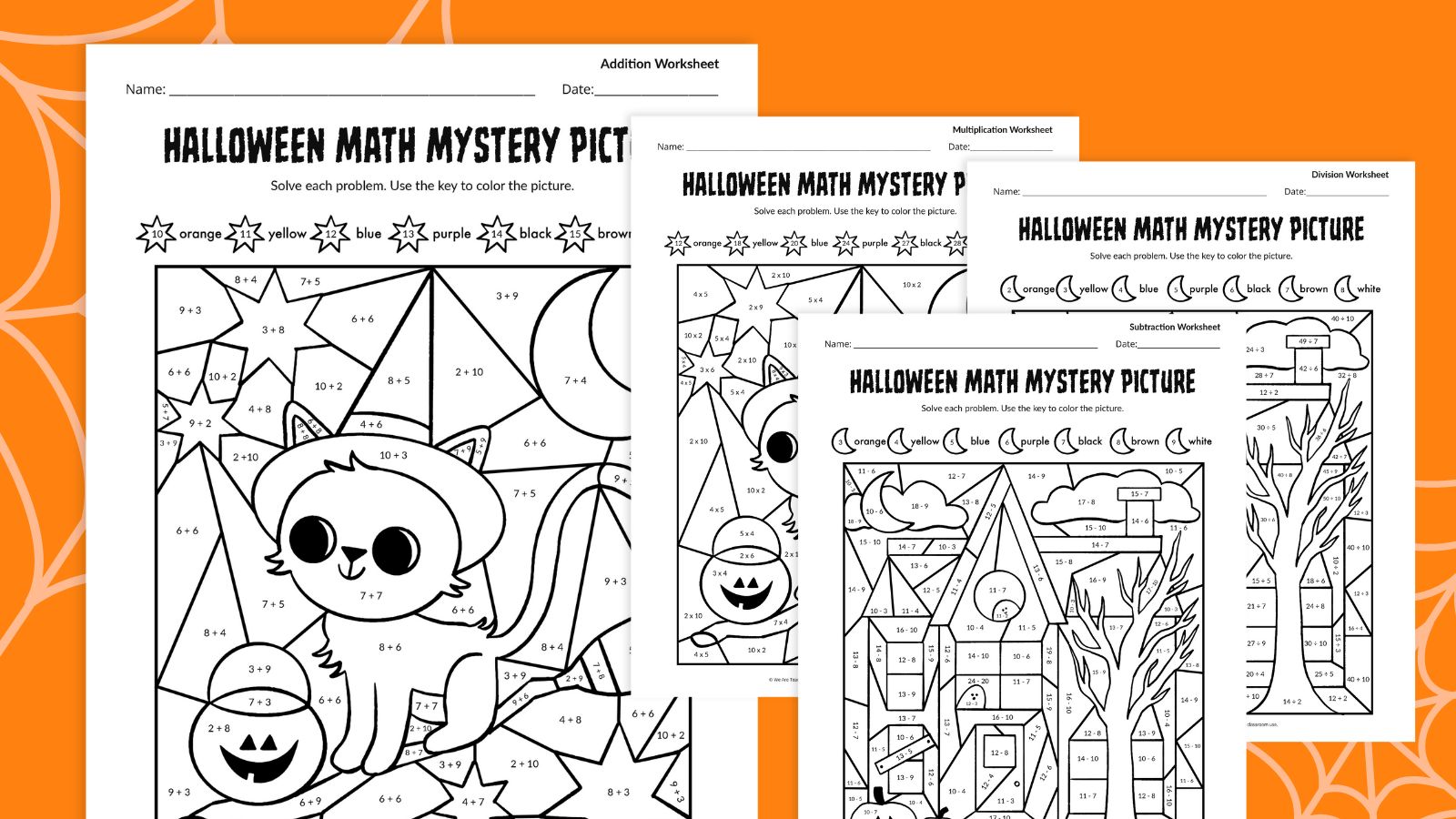 Flat lays of Halloween Math Mystery Pictures