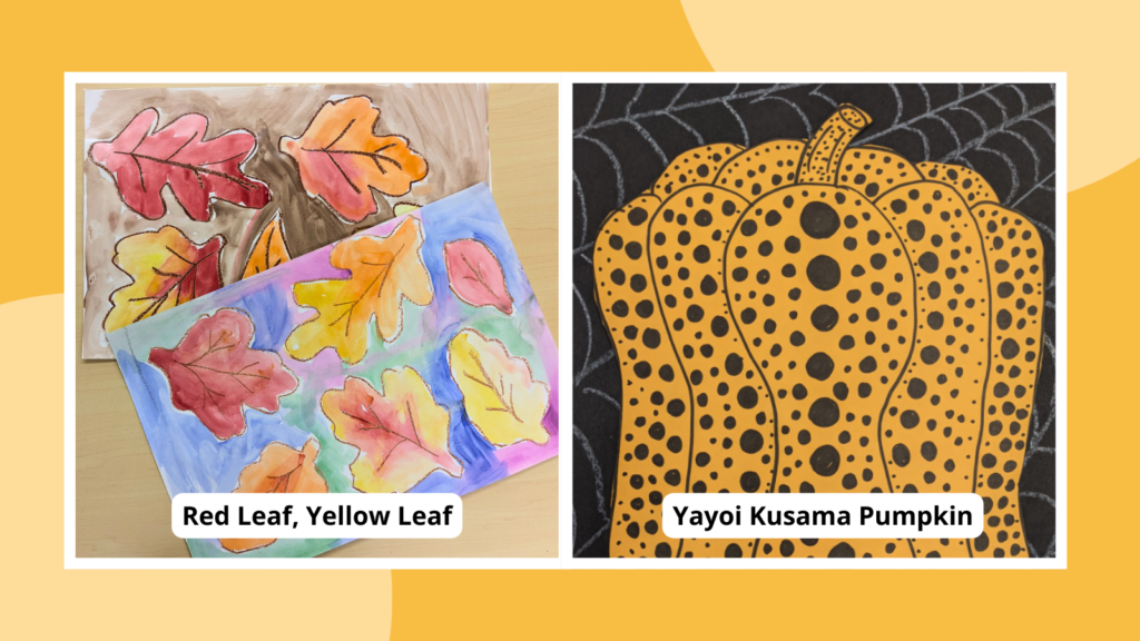 Examples of elementary fall art projects, including leaf paintings and Yayoi Kusama pumpkin art.