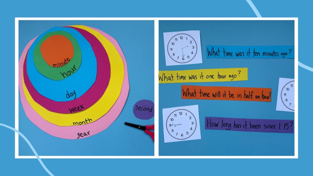 Examples of telling time games and activities including concentric circles and I spy activities