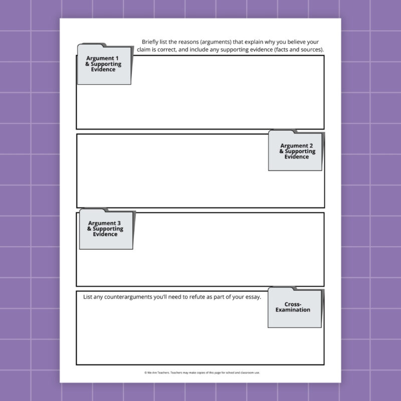 Argumentative Essay Reasons Planner Worksheet